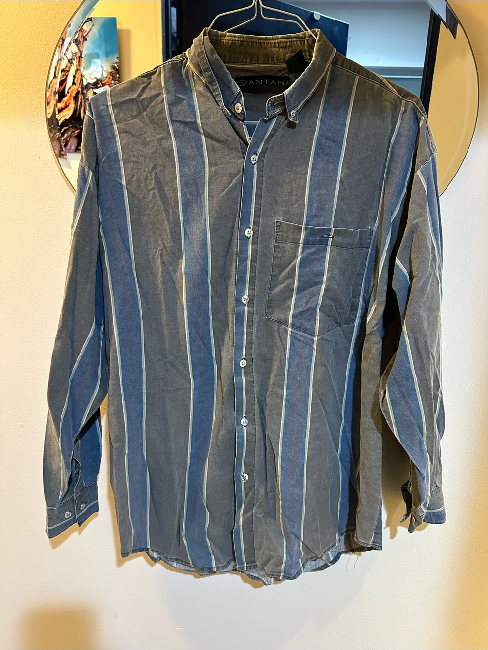 Santana Men’s Large Blue Gray Striped 100% Cotton Button Down Shirt